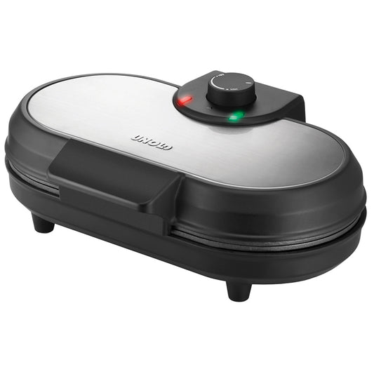 Der Unold Pancake-Maker American ist ein schwarz-silbernes Elektrogerät mit einem Bedienknopf, Kontrollleuchten an der Oberseite und vier kurzen Beinen.