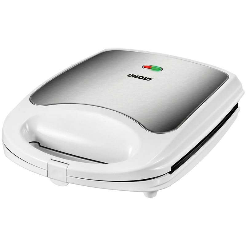 Der Unold Sandwich-Toaster Quadro ist ein weißer und silberner elektrischer Sandwichmaker mit geschlossenem Deckel, Griff, Kontrollleuchten an der Oberseite und sichtbarem Markennamen Unold.
