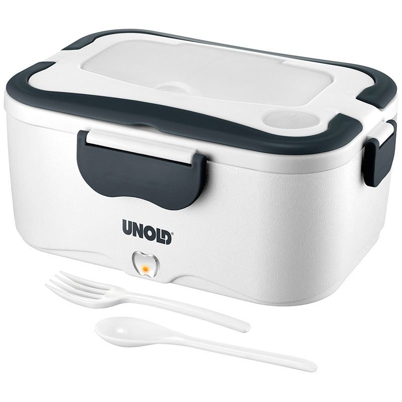 Die Unold Lunchbox ist eine weiß-graue elektrische Lunchbox mit Griff und Verschluss, an deren Vorderseite sich eine weiße Gabel und ein Löffel aus Kunststoff befinden.