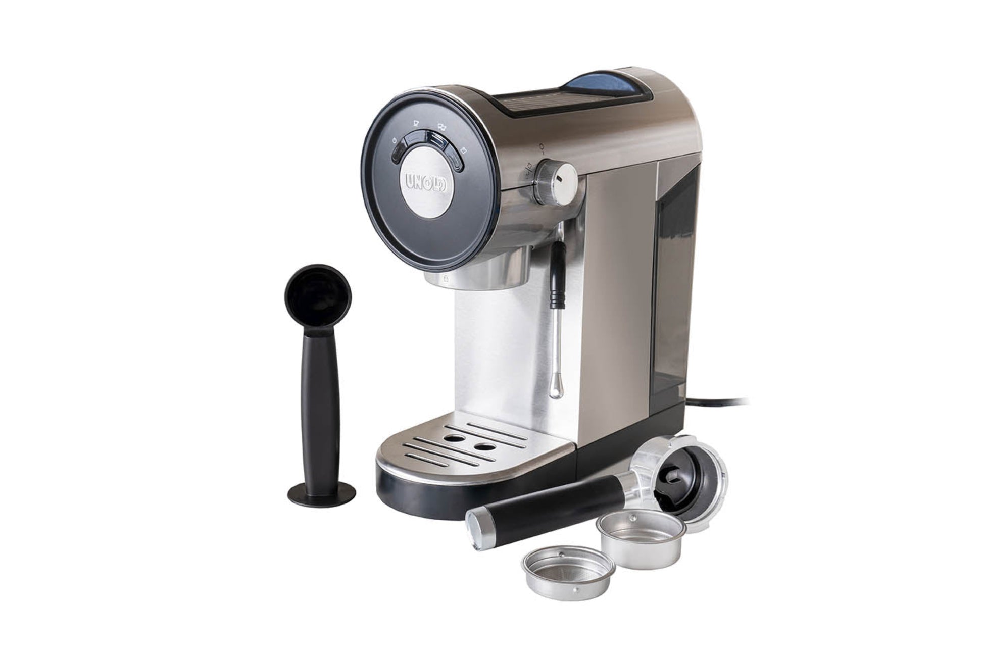 Die Unold Espressomaschine Piccopresso umfasst einen Siebträger, zwei Metallfilterkörbe und einen schwarzen Kaffeelöffel/Stampfer, alles auf weißem Hintergrund.