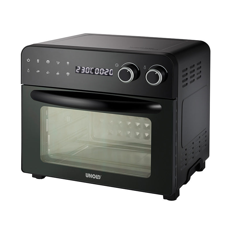 Der Unold Backofen-Fritteuse Diamant ist ein schwarzer Konvektionsofen für die Arbeitsplatte mit zwei Bedienknöpfen, einer Digitalanzeige mit 230 °C und 20 Minuten, einer transparenten Tür und dem unten an der Tür sichtbaren Unold-Logo.