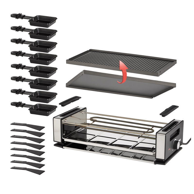 Eine Explosionsansicht des Unold Raclette Finesse Basic zeigt seine Heizeinheit, zwei austauschbare Grillplatten, acht antihaftbeschichtete Pfännchen mit Griffen und acht kleine Spatel, die separat angeordnet sind, um jedes Teil anzuzeigen.