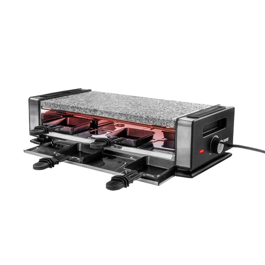 Der Unold Raclette Delice Basic ist ein schwarzer Elektrogrill mit Granitplatte und vier einzelnen Käsepfännchen. Er verfügt über einen seitlichen Netzschalter und Griffe für eine einfache Bedienung. Abbildung auf weißem Hintergrund.