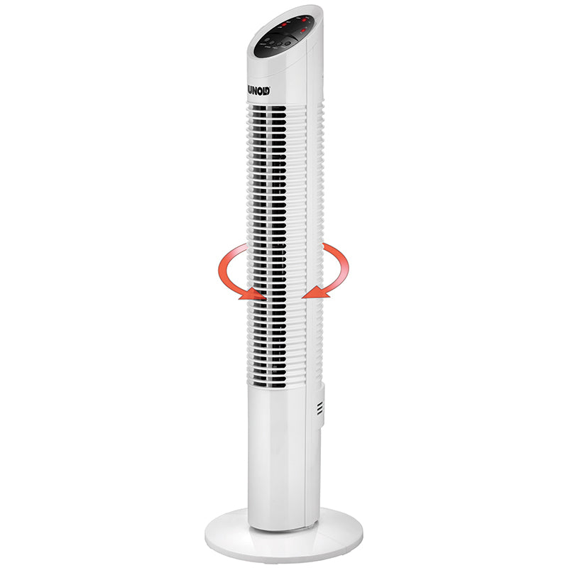 Der Unold TURMVENTILATOR TOWER ist ein großer, weißer Turmventilator mit runder Basis, Bedienfeld oben, schwarzen Lüftungsschlitzen und roten Pfeilen, die seine seitliche Schwingbewegung anzeigen.
