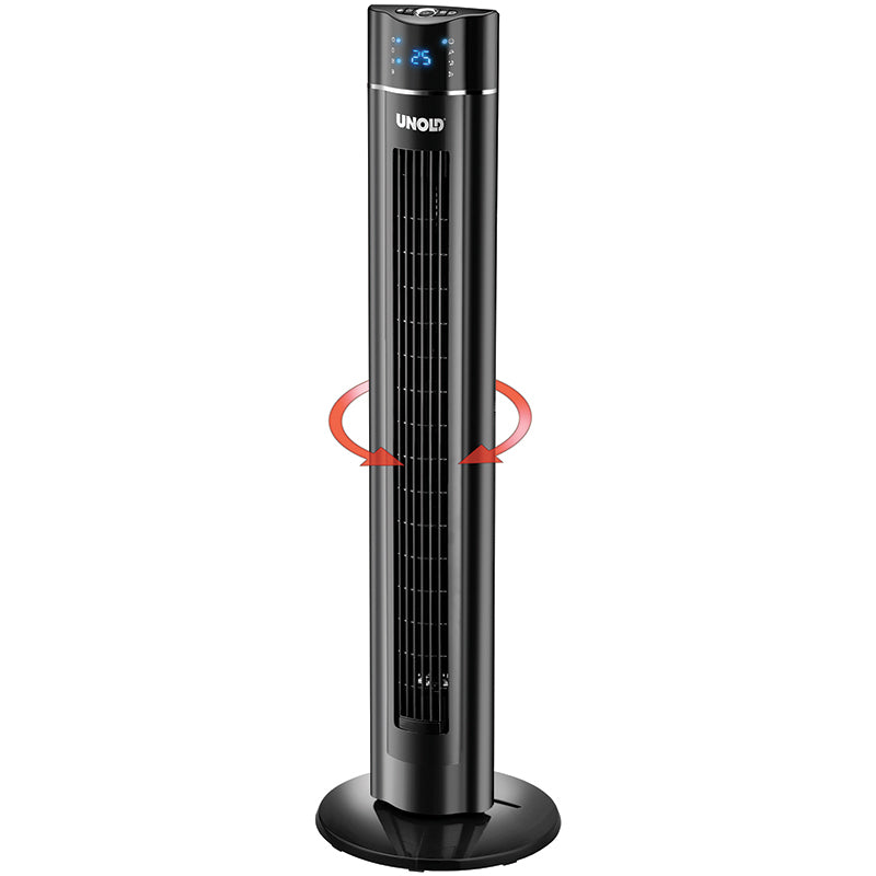 Der Unold TURMVENTILATOR SKYLINE ist ein schwarzer Turmventilator mit Digitalanzeige an der Oberseite, der aufrecht auf einem runden Sockel steht. Rote Pfeile zeigen die Schwingung an, und auf der Vorderseite ist die Marke Unold sichtbar.