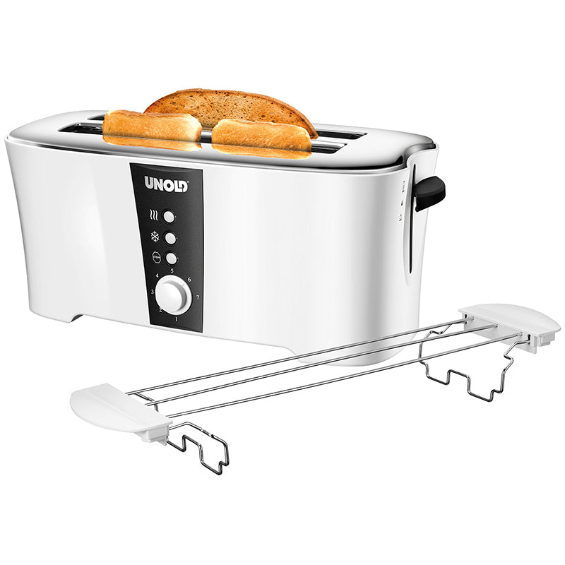 Ein weißer Unold Toaster Design Dual mit Platz für zwei Brotscheiben und einem abnehmbaren Warmhalterost aus Metall an der Vorderseite. Der Toaster verfügt über Tasten und einen Drehregler an der Vorderseite.