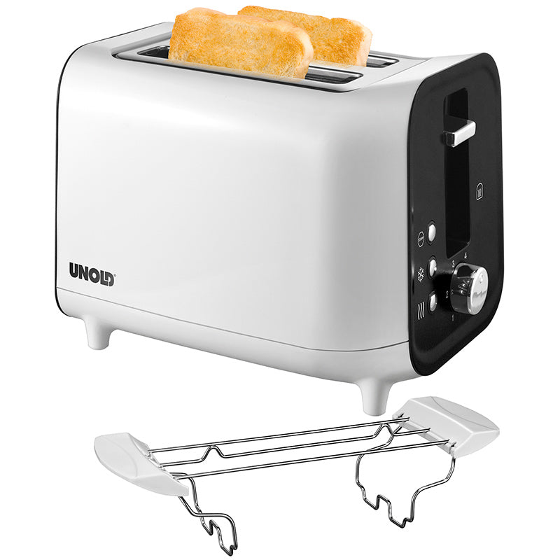 Der Unold Toaster Shine White bietet Platz für zwei Scheiben Brot und ist mit einem abnehmbaren Metallrost davor abgebildet.