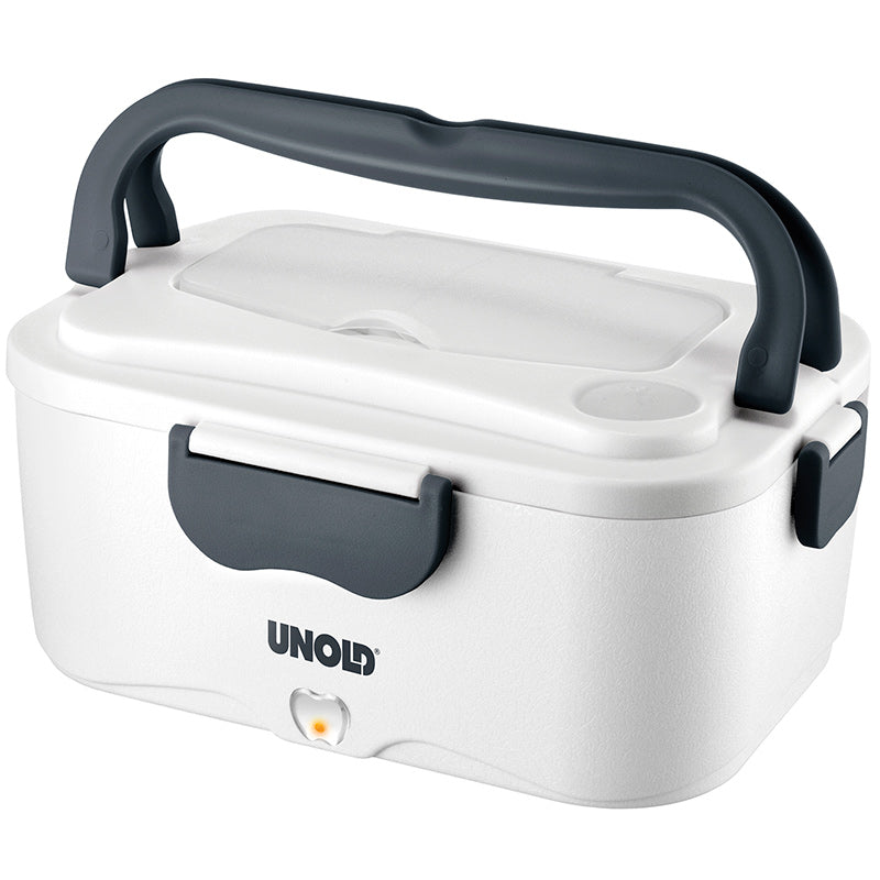 Die Unold Lunchbox ist ein weißer elektrischer Speisenwärmer mit schwarzem Griff und Verschluss. Auf der Vorderseite ist der Name Unold zu sehen, damit Sie Speisen bequem unterwegs erwärmen und aufbewahren können.