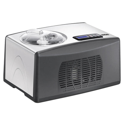 Die Unold Eismaschine Cortina 1,5 L ist eine silber-schwarze Eismaschine für die Arbeitsplatte mit transparentem Deckel, seitlichen Lüftungsschlitzen und einem digitalen Anzeigefeld oben.