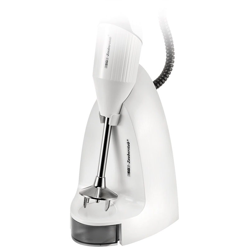 Der Unold ESGE-Zauberstab Zauberbasis, ein weißer Stabmixer, steht aufrecht in seinem passenden Sockel mit einem Mixstab aus Metall und einem aufgewickelten Netzkabel, das aus der Rückseite herausragt.
