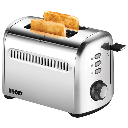 Der Unold Toaster 2er Retro in Silber verfügt über zwei ausfahrbare Gebäckfächer und hat seitliche Tasten und ein Drehrad für verschiedene Einstellungen.