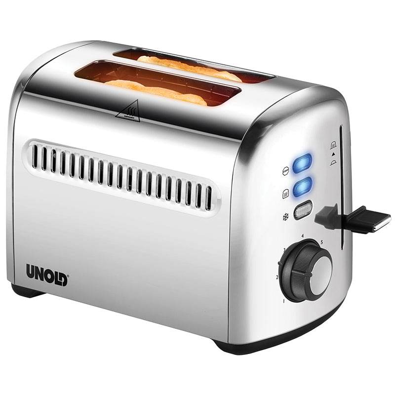 Der Unold Toaster 2er Retro besticht durch sein glänzendes Silberdesign, bietet Platz für zwei Brotscheiben und verfügt über drei blaue Kontrollleuchten, ein Drehrad und einen seitlichen Hebel zur einfachen Bedienung.