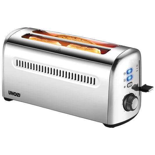 Ein silberner Unold Toaster 4er Retro mit zwei Toastscheiben im Inneren. Er verfügt über blau beleuchtete Bedientasten, ein Drehrad und einen seitlichen Hebel.
