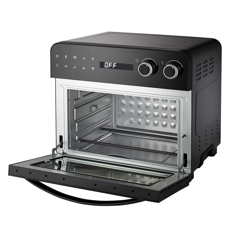 Der Unold Oven-Fryer Diamant ist ein schwarzer Konvektionsofen für die Arbeitsplatte mit offener Vordertür, leerem Innenraum, zwei Bedienknöpfen und einer Digitalanzeige mit der Anzeige „OFF“ auf der Oberseite.