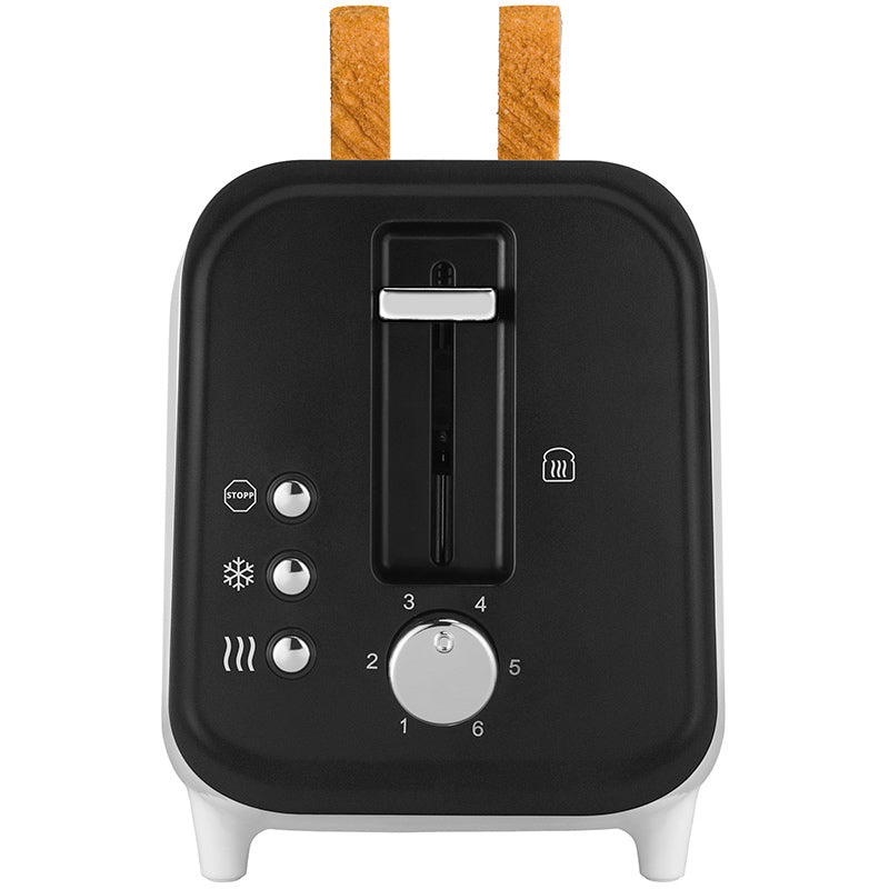 Die Draufsicht des Unold Toaster Shine White zeigt zwei geröstete Scheiben im Inneren. Der Toaster verfügt über Bedientasten, einen Hebel und ein Einstellrad.