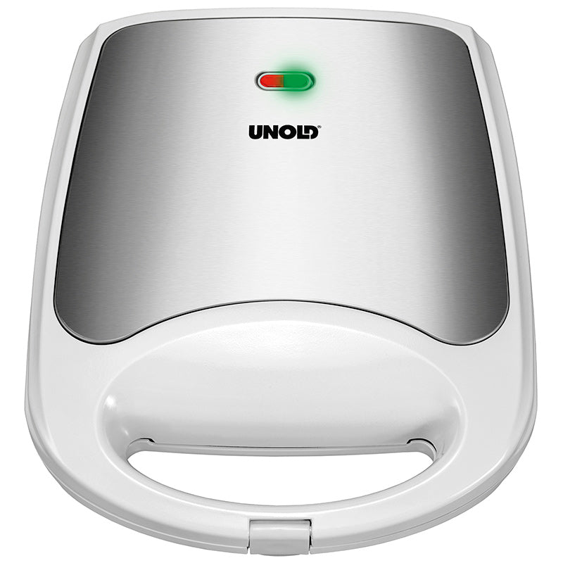 Der Unold Sandwich-Toaster Quadro im silber-weißen Design mit Griff an der Unterseite und grüner Kontrollleuchte an der Oberseite ist auf weißem Grund abgebildet.