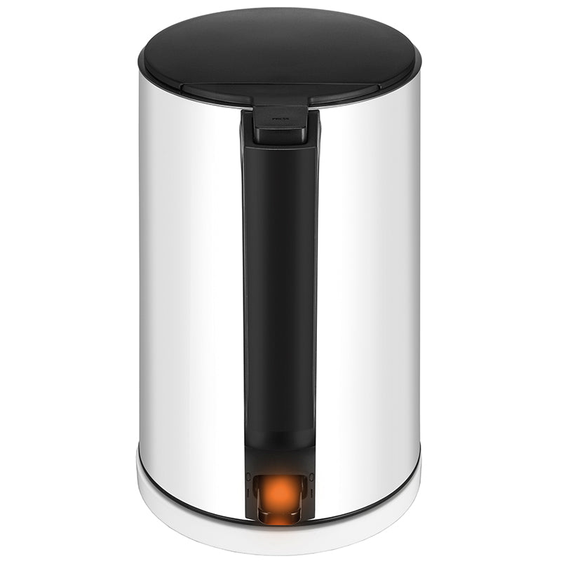Der Unold Blitzkocher Design 1,4 L ist ein moderner, zylindrischer Wasserkocher aus Edelstahl mit schwarzem Deckel und vertikalem Pedal an der Vorderseite sowie einer orangefarbenen Kontrollleuchte an der Basis.