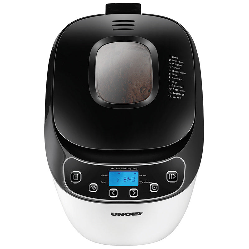 Der Unold 68010 Backmeister® Design ist ein schwarz-weißer Brotbackautomat mit Digitalanzeige, Bedientasten, Sichtfenster mit Blick auf das Brot im Inneren und auf dem Deckel aufgelisteten Backprogrammen.