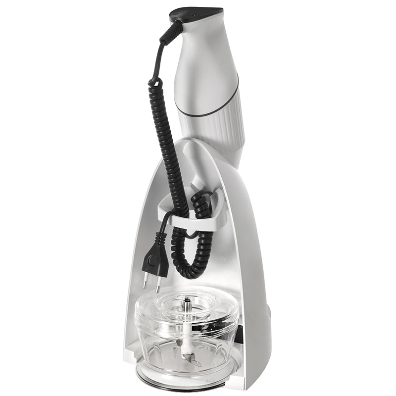 Der Unold ESGE-Zauberstab Zauberbasis, ein silberner Handmixer mit Spiralkabel, steht auf seinem Ständer neben einer transparenten Schüssel, durch die die Klingen im Inneren sichtbar sind.
