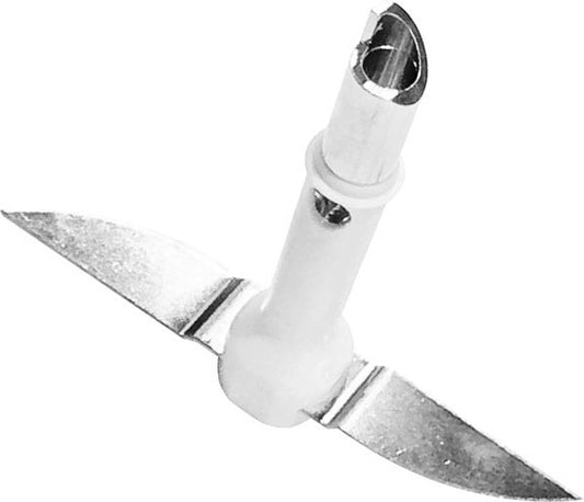 Das Unold Messer mit Alu-Kupplung zum Zerkleinerer 5050 ist ein Klingenaufsatz aus Metall und Kunststoff mit zwei scharfen Klingen, die aus einer zentralen Nabe herausragen und für effizientes Zerkleinern konzipiert sind.