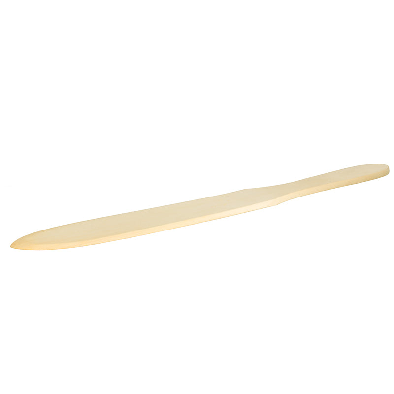 Der Unold Spatel/Teigwender für Crêpesmaker Profi 48155 ist ein heller Holzspatel mit flacher, länglicher Klinge und leicht konischem Griff, abgebildet vor weißem Hintergrund.