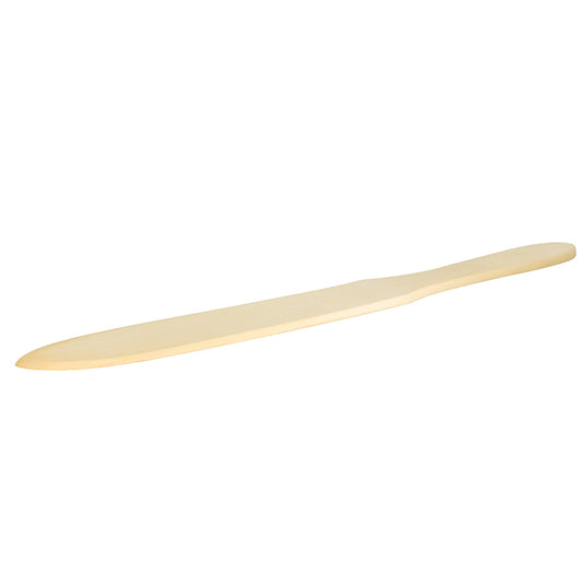 Der Unold Spatel/Teigwender für Crêpesmaker Profi 48155 ist ein heller Holzspatel mit flacher, länglicher Klinge und leicht konischem Griff, abgebildet vor weißem Hintergrund.