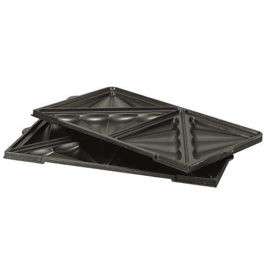 Die Unold Sandwich-Platte für MULTI 3 in 1 Onyx (einzeln) ist eine schwarze, antihaftbeschichtete Platte mit dreieckigen Abschnitten, die zum Zubereiten getoasteter Sandwiches konzipiert ist.