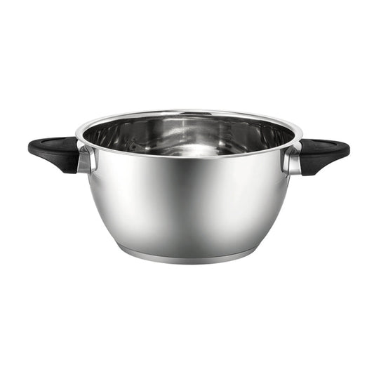 Der Unold Edelstahl-Topf für FONDUE-SET 48615 ist ein leerer, glänzender Edelstahltopf mit schwarzen Seitengriffen, der eine reflektierende Oberfläche aufweist und auf einem weißen Hintergrund abgebildet ist.