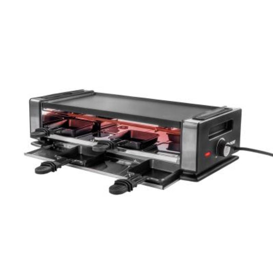 Das Unold Raclette Finesse Basic ist ein schwarzer Elektrogrill mit acht kleinen Ablagen und Griffen unter einer beheizten Grillplatte, eingesteckt und betriebsbereit.