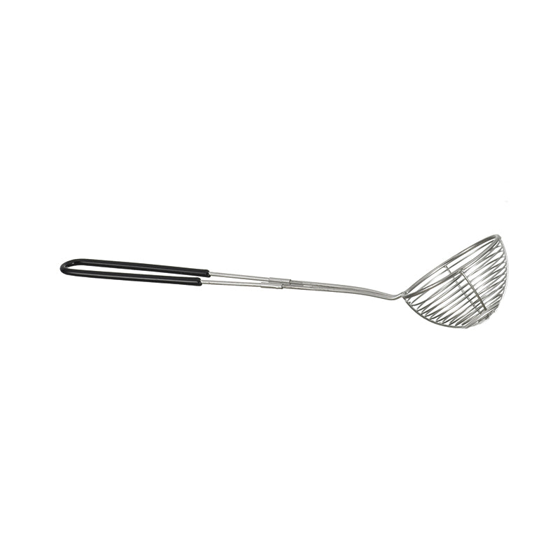 Das Unold Fondue-Körbchen für ASIA-FONDUE 48746 ist ein Edelstahl-Drahtschäumer mit langem Stiel und schwarzem Griff, ideal zum Herausheben von Speisen aus heißem Öl oder kochendem Wasser.