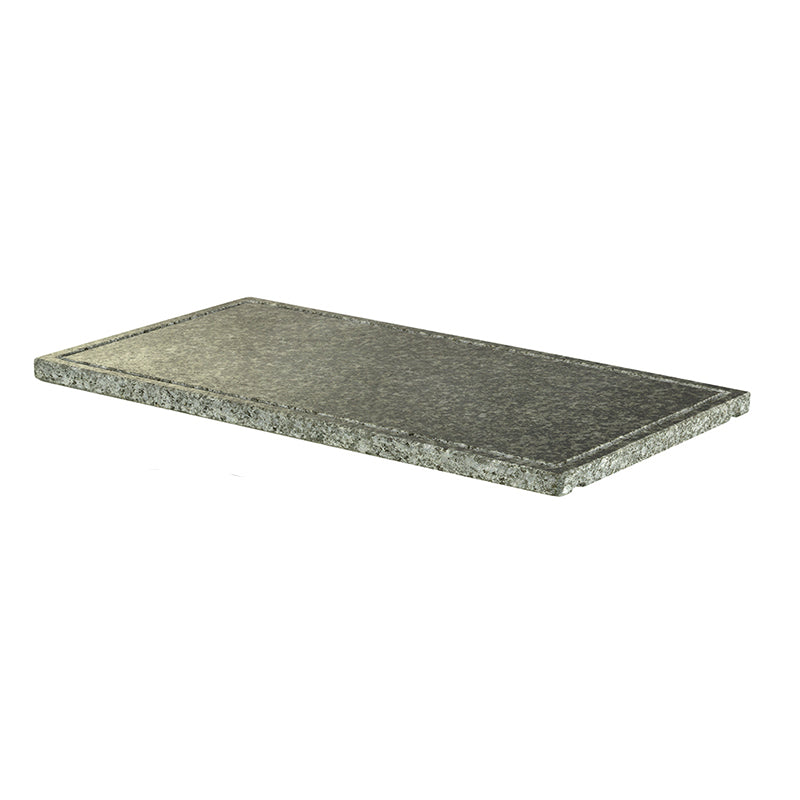 Die Unold Grillplatte Naturstein für RACLETTE 48760, 48730 und 48785 ist eine rechteckige, flache Natursteinplatte mit strukturierter grauer Oberfläche und leicht erhöhten Kanten, abgebildet auf weißem Untergrund.