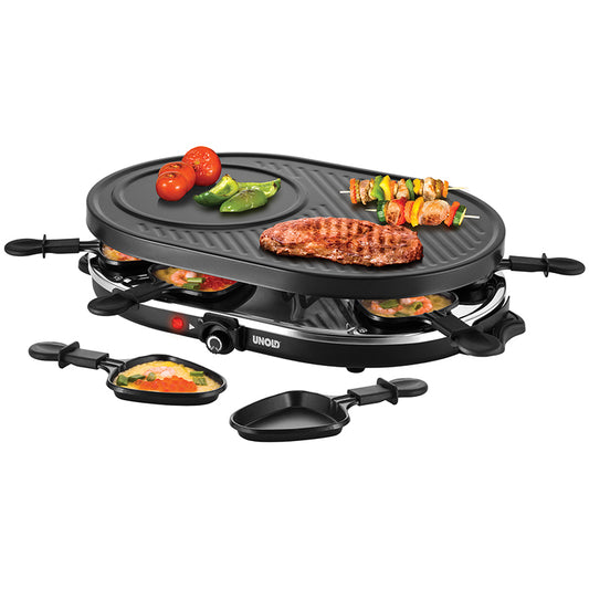 Der Unold Raclette Gourmet ist ein schwarzer Elektrogrill mit Antihaftbeschichtung, auf dem Gemüse, Kebabs und Steaks gegart werden. Vier kleine Pfännchen darunter dienen zum Servieren von geschmolzenem Käse oder Belägen. Auf der Vorderseite ist der Markenname Unold zu sehen.