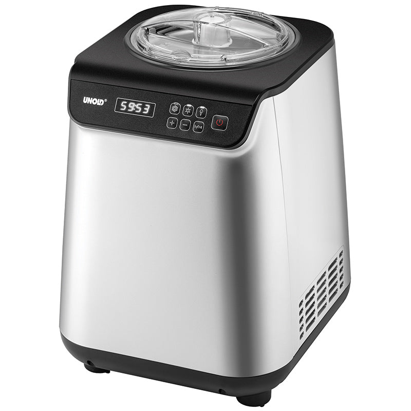 Die Unold Eismaschine Uno 1,2 L ist eine silber-schwarze automatische Eismaschine mit Digitalanzeige, Bedientasten und transparentem Deckel. Das Unold-Markenlogo ist auf der Vorderseite abgebildet.
