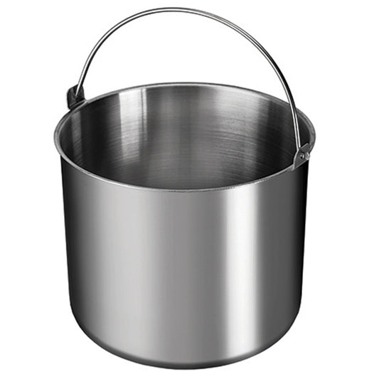 Der Unold Eisbehälter für EISMASCHINE 48845 ist ein glänzender Edelstahleimer mit abgerundetem Boden und Metallgriff, abgebildet vor einem schlichten weißen Hintergrund.