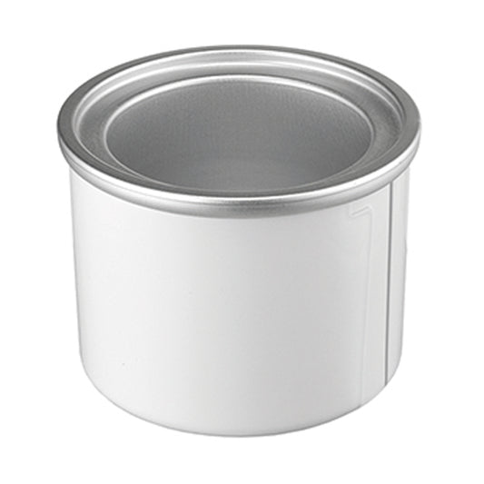 Der Unold Eisbehälter/Gefrierakku für EISMASCHINE Softi 48860 ist eine schlichte, weiße, zylindrische Metalldose mit silbernem Rand an der offenen Oberseite, die vor einem weißen Hintergrund präsentiert wird.