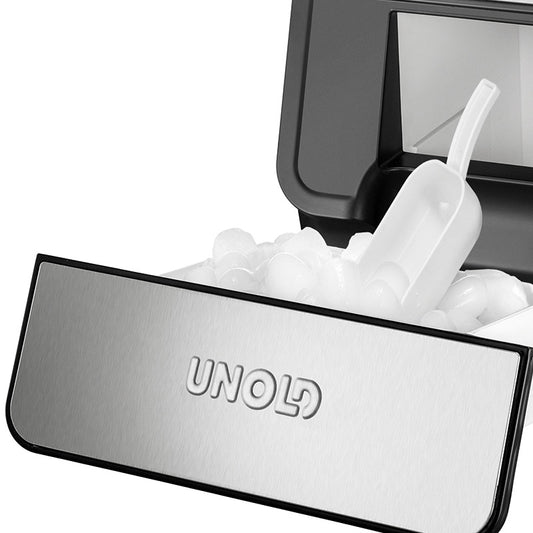 Nahaufnahme eines unold Eiswürfel-Schublade für EISWÜRFELBEREITER Edel 48955, mit einer Schale mit Eiswürfeln und einer weißen Plastikschaufel darin.