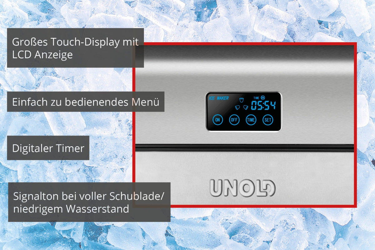 Nahaufnahme des Bedienfelds des Unold Eiswürfelbereiters Edel mit großem LCD-Touchscreen, übersichtlicher Menüführung, digitalem Timer sowie Warnmeldungen bei vollem Fach und niedrigem Wasserstand. Eiswürfel bilden den Hintergrund; deutscher Text hebt diese Funktionen hervor.