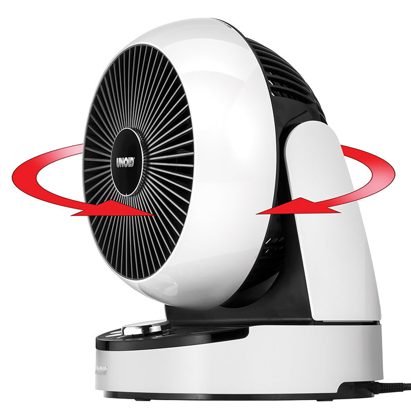 Der Unold TISCHVENTILATOR 3D B-Ware ist ein moderner, weiß-schwarzer Elektroventilator mit einem runden Gitter, dessen seitliche Rotation durch rote Pfeile veranschaulicht wird, die seine Schwingungsbewegung veranschaulichen.