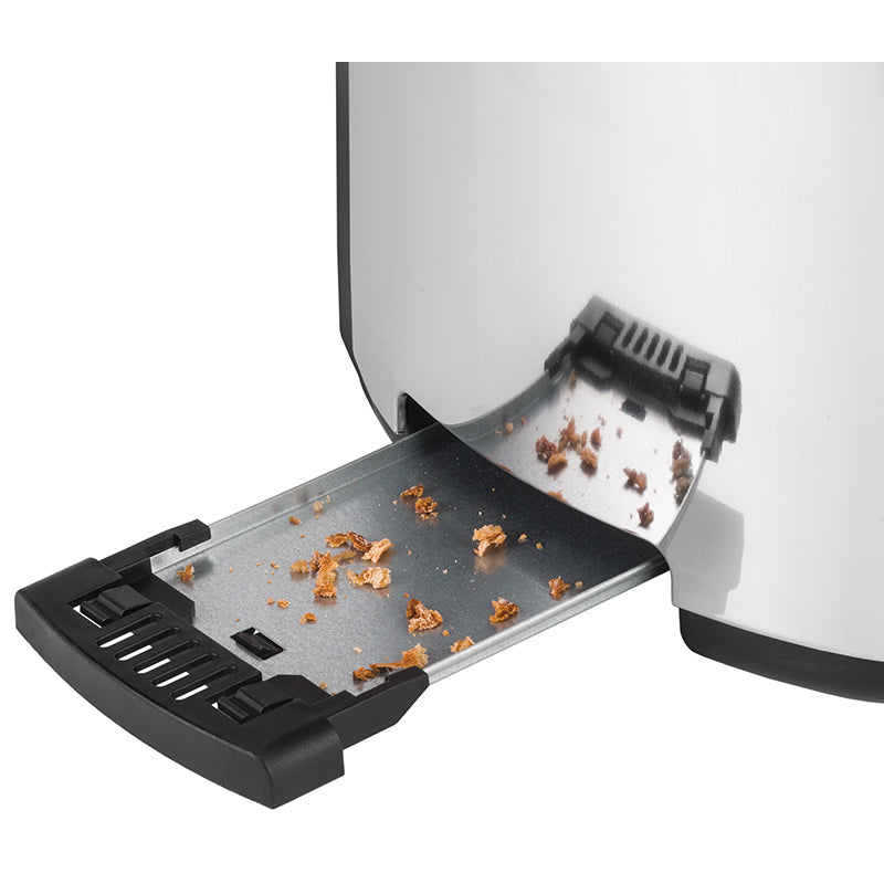 Eine Nahaufnahme des Unold Toaster 2er Retro mit herausgezogener Krümelschublade. Auf der Metallschublade sind verstreute Brotkrümel zu sehen.