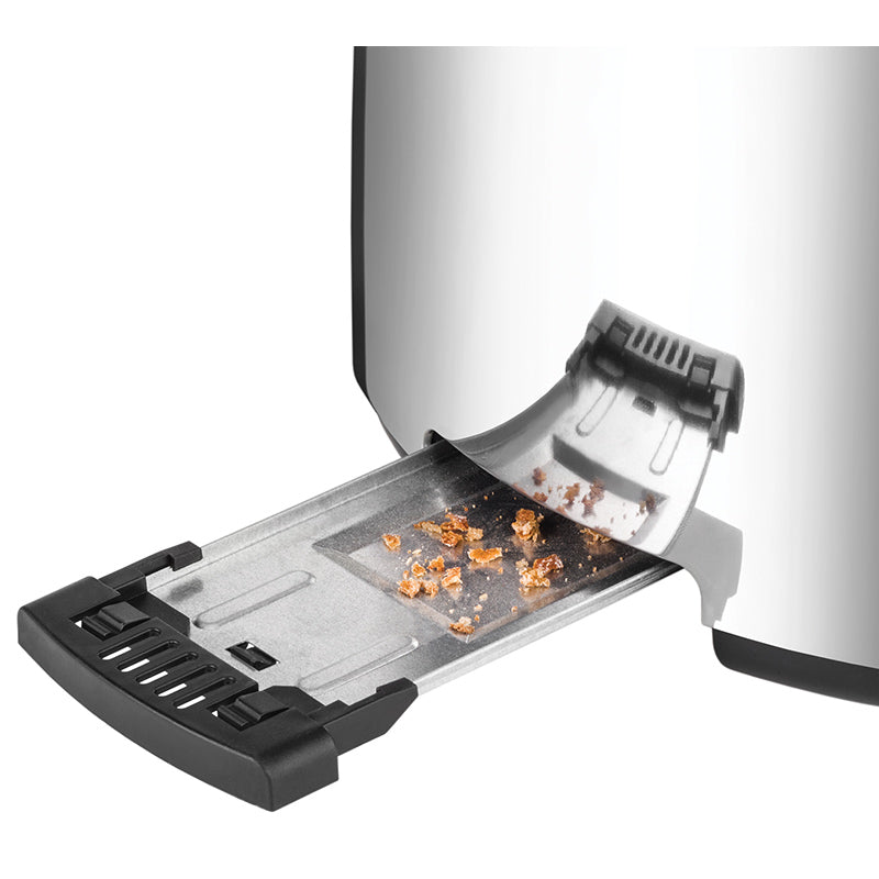 Eine Nahaufnahme des Unold Toaster 4er Retro zeigt die teilweise herausgezogene Krümelschublade, in der sich die gesammelten Krümel befinden. Der Toaster ist in Edelstahl ausgeführt.