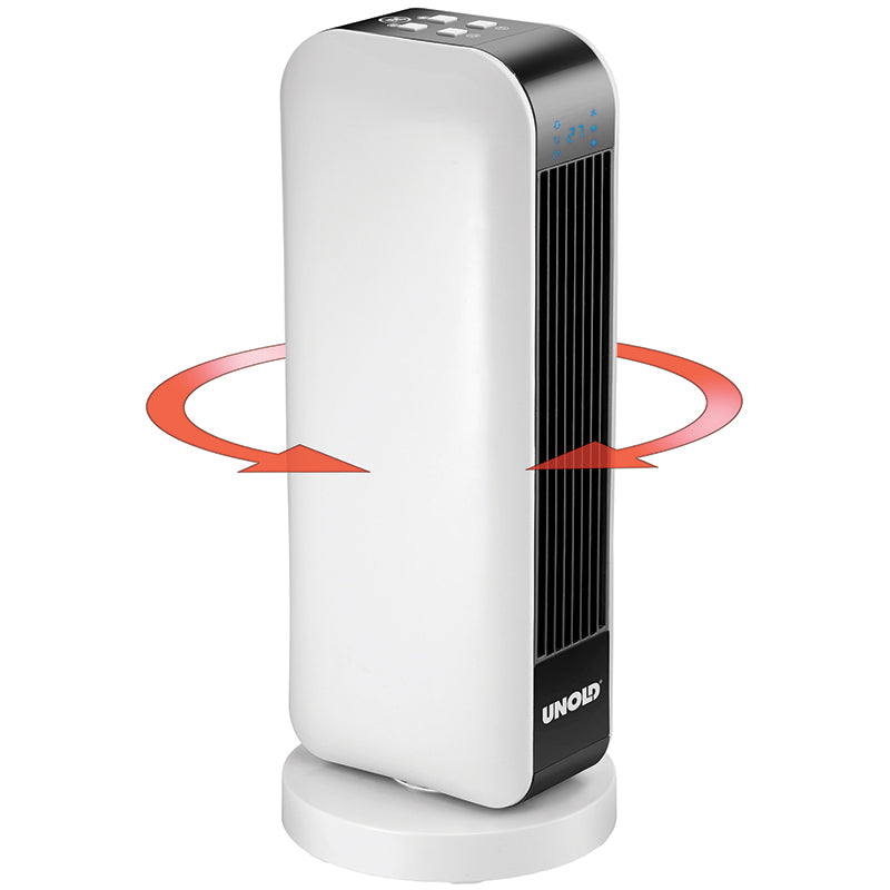 Ein weißer, rechteckiger Turmventilator von Unold im KERAMIK-HEIZLÜFTER DESIGN mit schwarzem Ventil und Bedienfeld. Er oszilliert auf seinem runden Sockel, rote Pfeile zeigen die Bewegung an. Das Unold-Logo ist unten zu sehen.