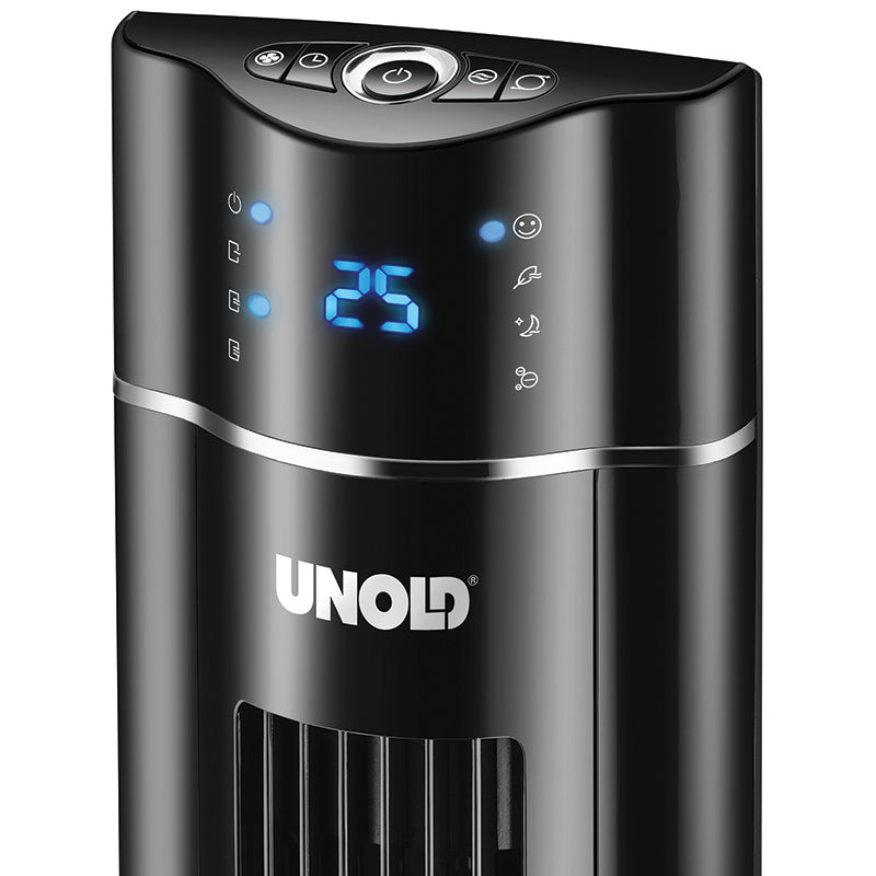 Nahaufnahme eines schwarzen Unold TURMVENTILATOR SKYLINE Turmventilators mit LED-Anzeige „25“ und darüber liegenden Bediensymbolen. Das glänzend schwarze Bedienfeld verfügt über mehrere Tasten.