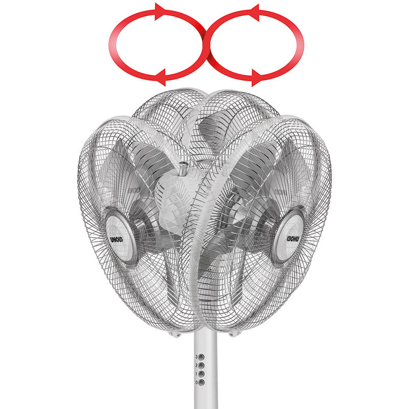 Der Unold STANDVENTILATOR Silverline ist ein Mehrblatt-Standventilator mit fünf überlappenden, netzbedeckten Lüftern und roten Pfeilen, die einen einstellbaren oder oszillierenden Luftstrom anzeigen.