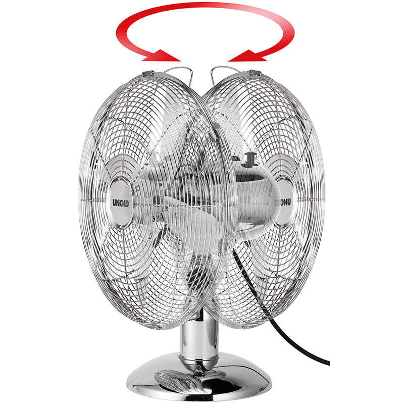 Der Unold TISCHVENTILATOR CHROME ist ein elektrischer Ventilator mit zwei Köpfen und zwei runden Metallgittern auf einem Chromständer. Die oszillierende Bewegung wird durch einen roten Pfeil über den Ventilatoren angezeigt.
