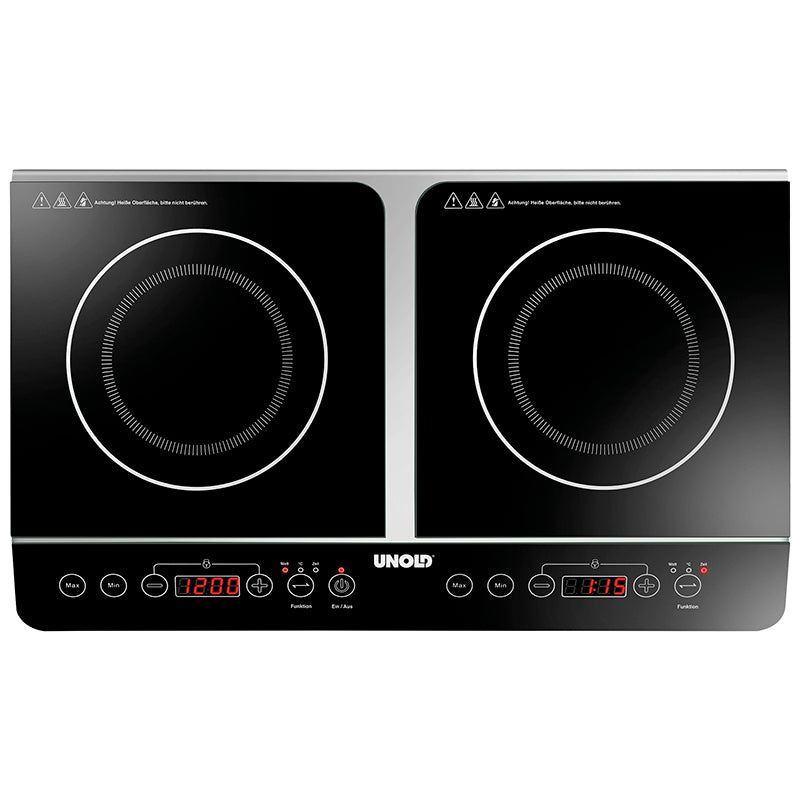 Die Unold Induktionskochplatte Doppel Elégance ist ein schwarzes Doppel-Induktionskochfeld mit zwei kreisförmigen Zonen, digitalen Anzeigen, Touch-Bedienelementen und dem Unold-Logo mittig unter den Kochflächen.