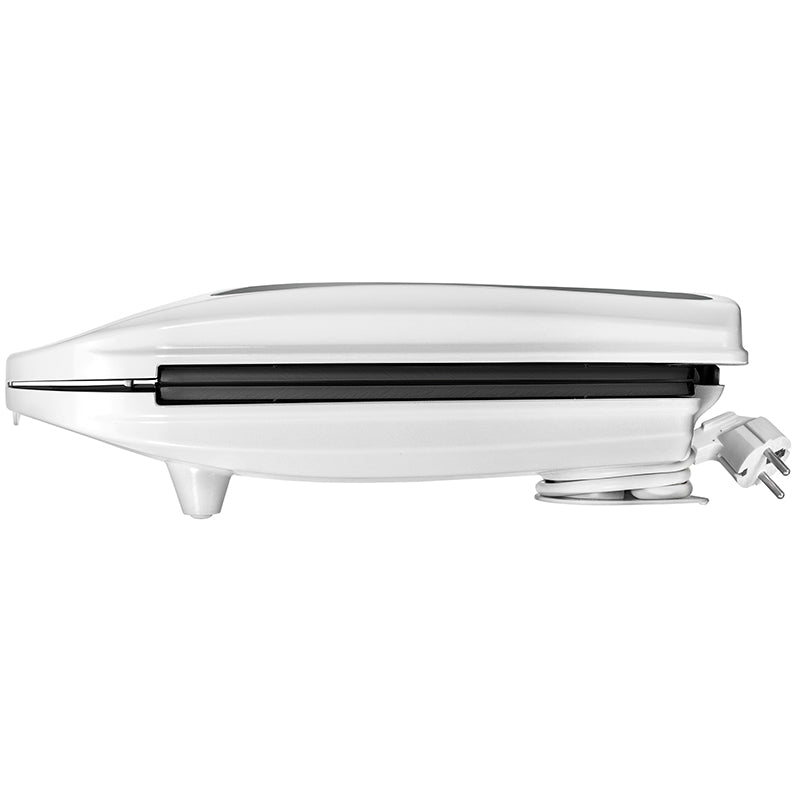 Der Unold Sandwich-Toaster Quadro ist ein geschlossener weißer Sandwichmaker mit schwarzem Akzent, der von der Seite gezeigt wird, wobei das Netzkabel ordentlich darunter aufgewickelt ist und der Stecker vorne liegt.