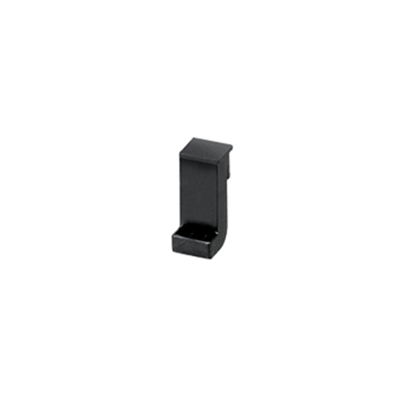 Ein kleiner, schwarzer, L-förmiger Abstandshalter hinten aus Kunststoff für BARBECUE-GRILL Vario + Black Rack von Unold mit rechteckiger Basis, abgebildet vor einem schlichten weißen Hintergrund.