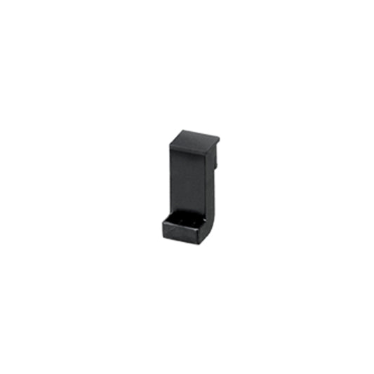Ein kleiner, schwarzer, L-förmiger Abstandshalter hinten aus Kunststoff für BARBECUE-GRILL Vario + Black Rack von Unold mit rechteckiger Basis, abgebildet vor einem schlichten weißen Hintergrund.