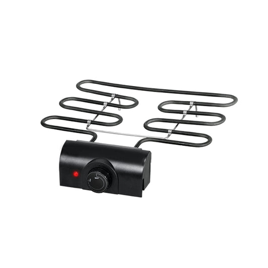 Das Unold Heizelement mit Kontrolleinheit für BARBECUE-GRILL Vario 58565 verfügt über ein schwarzes, gewickeltes Metall-Heizelement mit Kontrolleinheit, Temperaturregler und roter Kontrollleuchte.