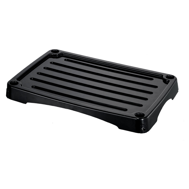 Die Unold Ablagefläche unten für BARBECUE-GRILL 58550 + 58565 ist eine schwarze rechteckige Kunststoffplattform mit geriffelten Rillen und abgerundeten Ecken, abgebildet auf weißem Hintergrund.